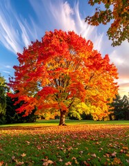 A vibrant autumnal tree in a field, under a dynamic sky