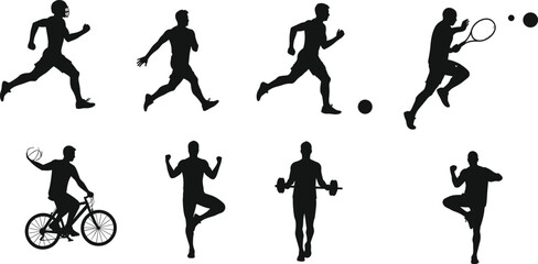 Silhouette, fitness, exercise, workout, running, jogging, soccer, tennis, cycling, yoga, meditation, dumbbell, training, athlete, sports, activity, lifestyle, balance, wellness, strength