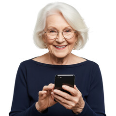 Smiling elderly woman holding a smartphone isolated on transparent background