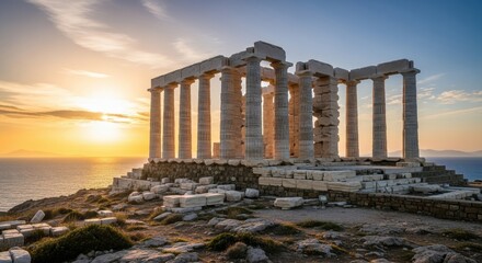 Naklejka premium Ancient Poseidon temple ruins at sunset in Sounion Greece a historical landscape with sea views