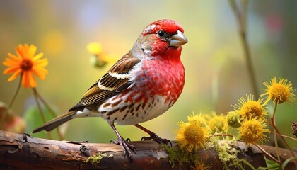 A vibrant bird perches on a branch near yellow wildflowers