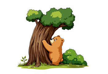 A cute cartoon bear hugging a large tree in an idyllic forest setting, surrounded by lush greenery and small bushes with a peaceful expression