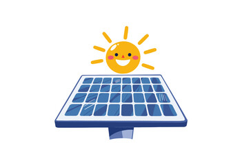 Illustration of a Smiling Sun Above a Cartoon Solar Panel Representing Clean Energy and Sustainable Power for a Bright and Eco-Friendly Future
