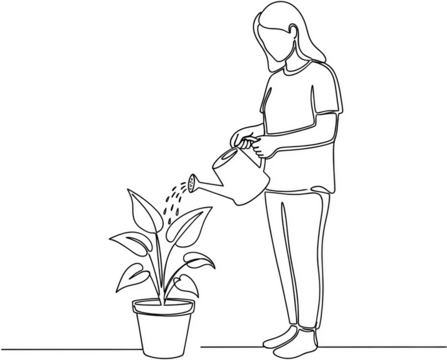 A person watering a potted plant using a watering can in a minimalist line art style illustration home gardening growth green