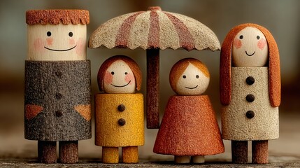 Charming Handmade Family Figures Under a Festive Umbrella