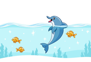 Joyful Dolphin Swimming Gracefully Among Colorful Fish in a Sparkling Blue Underwater Seascape with Gentle Waves and Lush Marine Vegetation