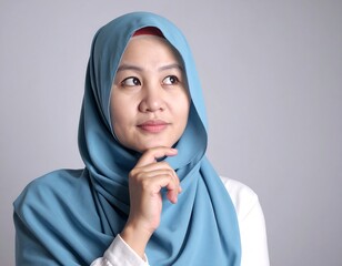 Naklejka premium Portrait of a woman wearing a blue head covering, hand on chin