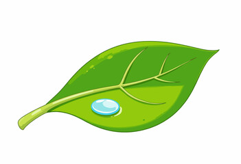 Illustration of a vibrant green leaf featuring a glistening water droplet, showcasing intricate texture and natural symmetry on a simple white background
