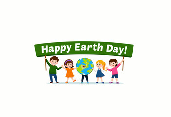 Joyful Illustration of Children Celebrating Earth Day with a Vibrant Globe and a Festive Banner Promoting Environmental Awareness and Global Unity