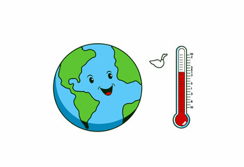 Illustration of Happy Planet Earth and Rising Thermometer Indicating Global Warming and Environmental Changes with Cartoon Elements