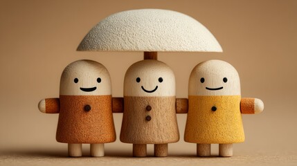 Three cute figures under a mushroom umbrella on a neutral background