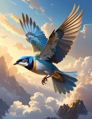 A vibrant bird soars against a backdrop of clouds and mountains