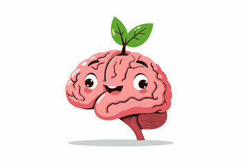 Adorable Cartoon Brain Character with Leaf Sprouting from the Top Representing Growth and Creativity with a Cheerful Expression
