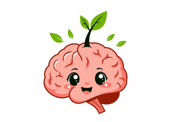 Cute smiling brain with sprouting plant leaves symbolizing growth, knowledge and positive thinking in a creative and educational illustration