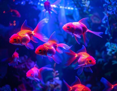 Several vibrant goldfish swim together in an aquarium lit with blue