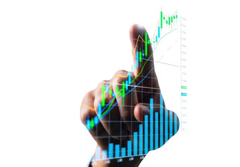 Human hand with financial data overlay isolated on transparent background
