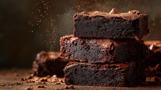 Rich, chewy dark chocolate brownies stacked with dusting of cocoa powder, showcasing moist and fudgy texture. decadent dessert is perfect for chocolate lovers