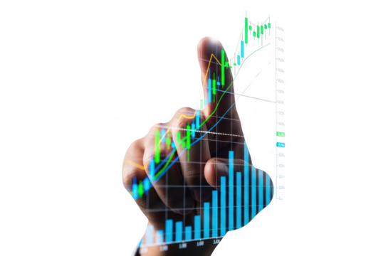 Human hand with financial data overlay isolated on transparent background