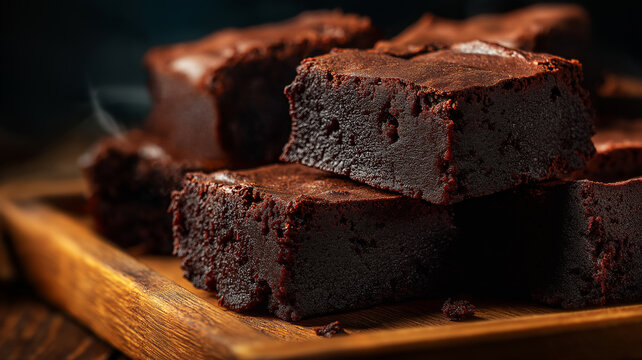 Rich, chewy dark chocolate brownies cut into squares are stacked on wooden board, showcasing their moist texture and deep chocolate color. Perfect for dessert lovers