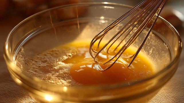Close up of whisking eggs and sugar in glass bowl, bathed in warm light, creating soft and inviting atmosphere