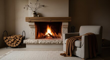 Cozy indoor atmosphere with crackling fireplace, rustic charm and a comfortable reading spot