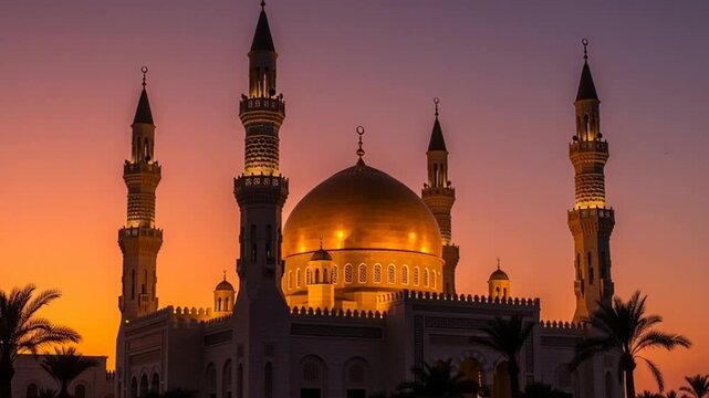 Golden mosque gleaming under the vibrant colors of a tranquil sunset, a beacon of faith and cultural richness, ideal for travel documentaries and inspiring spiritual content