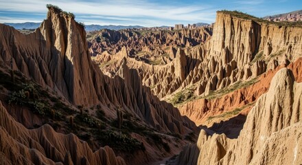 Eroded landscapes form towering geological formations under a bright skyline scene exploration
