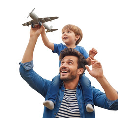 Father and son playing with toy airplane isolated on transparent background