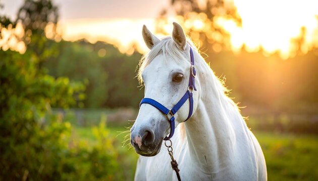 A majestic white equine with a blue halter stands gracefully in a field bathed in the warm glow of a setting sun