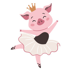 Flat vector illustration in a simple children's style on a white background. A cute pig in a ballet tutu is dancing ballet. . Vector illustration