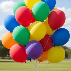 A vibrant bunch of colorful balloons against a soft, green background