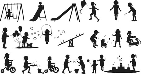 Children playground silhouette kids playing outdoor activities swing slide kite bubbles balloons seesaw tricycle teamwork friendship inclusion fun diversity childhood recreation illustration