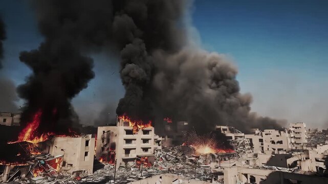 Destruction of homes and civilian infrastructure during war conflict. Apartment blocks in residential area are consumed by fire. Mid-Eastern town. Huge plumes of dark smoke rise against clear day