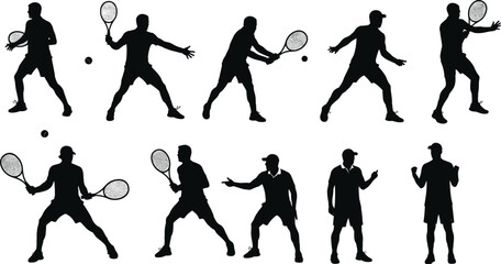 Silhouette tennis player action poses, dynamic racket swing sequence, sports training illustration, athlete movement collection, professional game technique, fitness exercise concept, competitive 