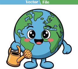 Cute cartoon planet Earth holding a watering can globe