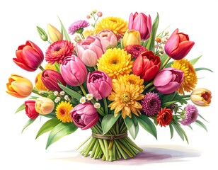 A vibrant, colorful bouquet of assorted blooming flowers