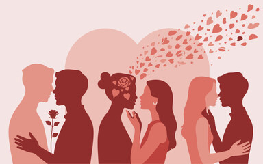 Diverse couples in silhouette with hearts and rose
