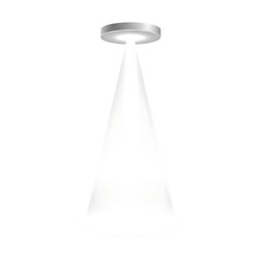 Modern cone shaped lamp emitting a bright spotlight on black background