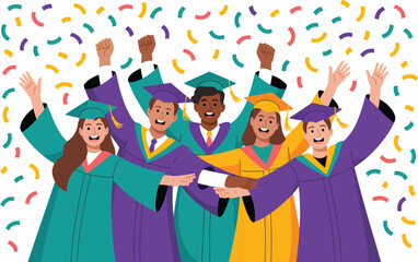 Diverse Graduates in Colorful Gowns Celebrating Together