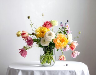 A vibrant, colorful floral arrangement in a clear vase