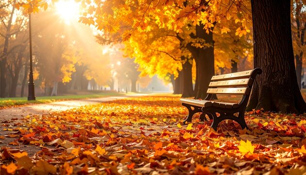 A park bench sits amidst a sea of fallen autumn leaves, bathed in warm sunlight filtering through golden foliage. A walkway disappears into the hazy distance
