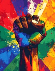 A vibrant, colorful fist raised against an expressive paint-splatter backdrop