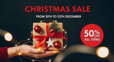 Christmas sale now on with up to 50% off all items, with a beautifully wrapped present surrounded by festive lights and ornaments, shop now for amazing deals