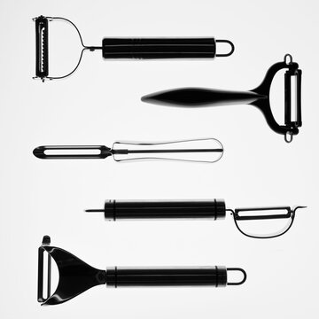 Graphic silhouette of five different peelers