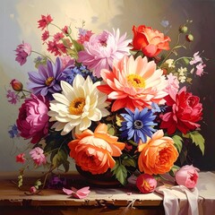 A vibrant, colorful still life of assorted blooming flowers