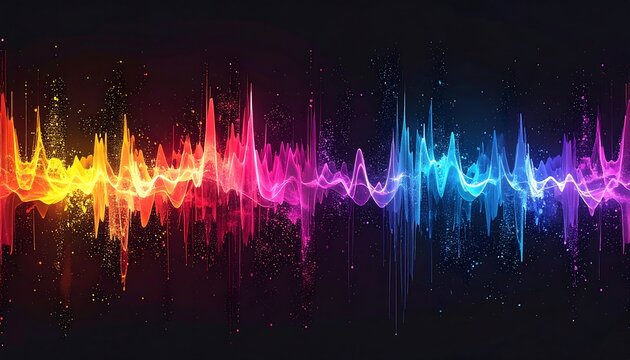 A vibrant, colorful sound wave against a dark background