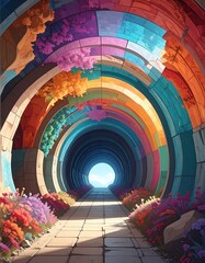 A vibrant, colorful tunnel with light at the end, bordered with flowers