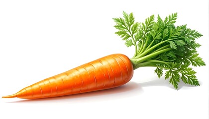 A vibrant, detailed carrot with green leafy top on a white backdrop