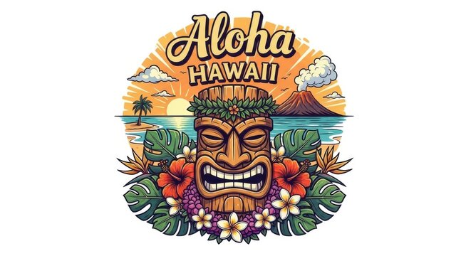 Aloha Hawaii: Tropical Tiki idol with hibiscus, plumeria flowers and exotic vegetation creates a
