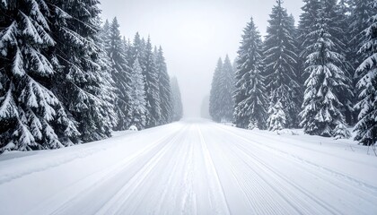 A snowy road cuts through a forest of evergreens on a misty day. The trees are covered in snow, leading towards a hazy horizon